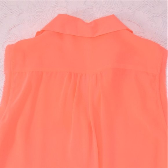 Forever 21 Fluorescent Neon Coral Button Studded Sheer Shirt Tank Top Blouse S - Picture 6 of 10